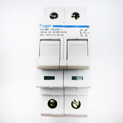 Hager SB299 552299 AC22 100A 100 Amp Main Switch Isolator 2P 2 Double Pole 